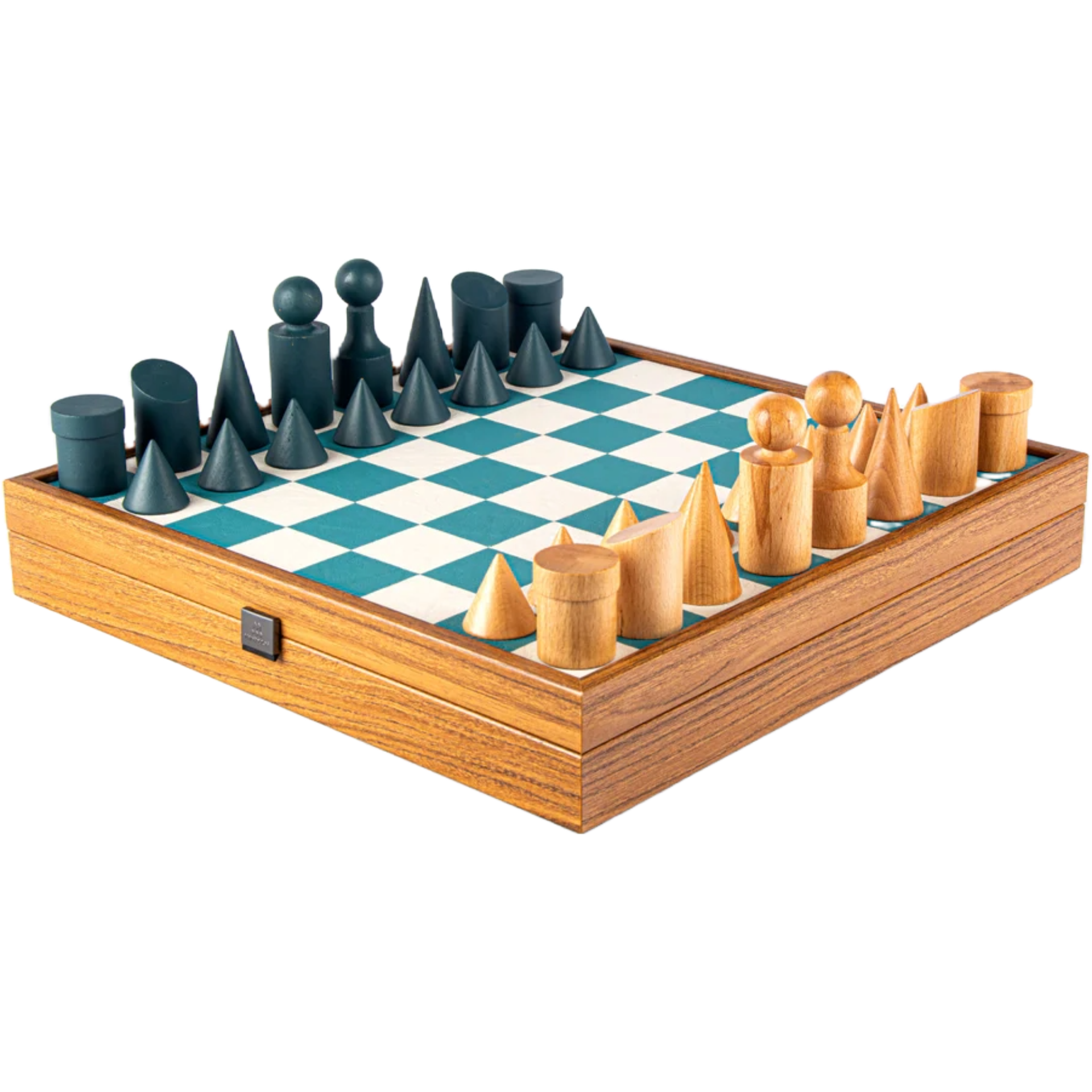 Set di scacchi turchesi in stile Bauhaus