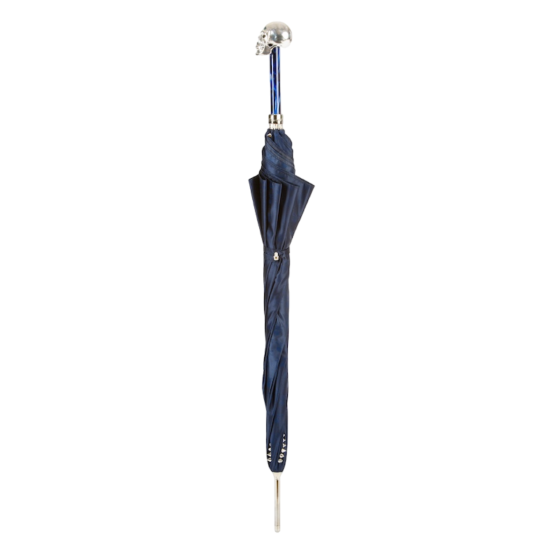 Ombrello navy con borchie e manico a teschio in argento